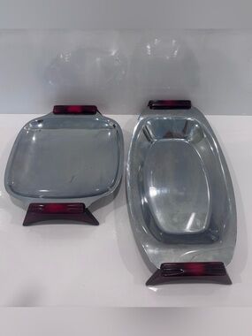 Vintage Mid Century Aluminum Serving Trays W Burgundy Lucite Handles-Avon Set 2
